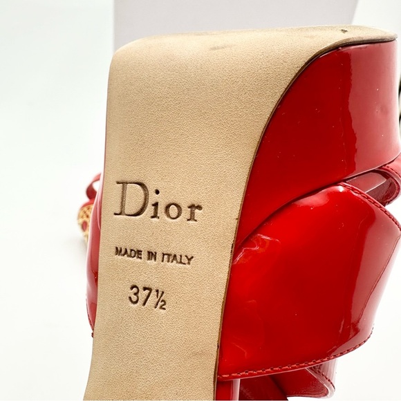 Dior Metal Cannage Strappy Peep Toe Heels Red Patent Leather - Picture 14 of 16